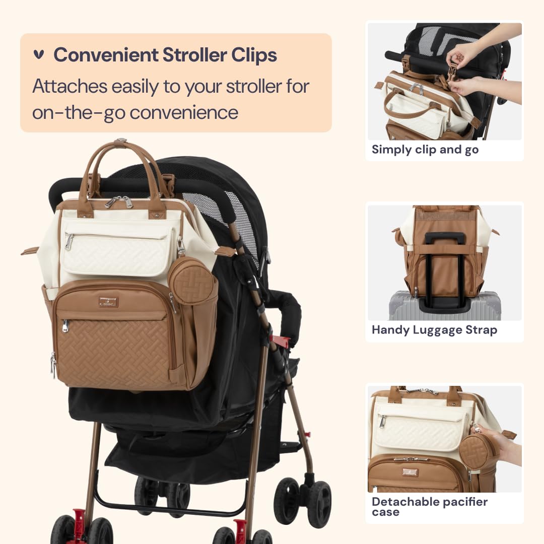 BabbleRoo Leather Diaper Bag Backpack, Multifunction Large Bags with Changing Pad & Stroller Straps & Pacifier Case, Unisex Stylish Travel Back Pack Nappy Changing Bag for Moms Dads (Caramel Cream)