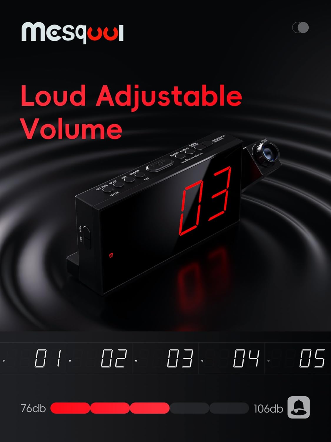 Mesqool Projection Alarm Clock, Loud Vibrating Alarm Clock for Heavy Sleepers, Adjustable Projection Brightness,Hearing Impaired & Deaf People, Digital Alarm Clock with USB Charging Port