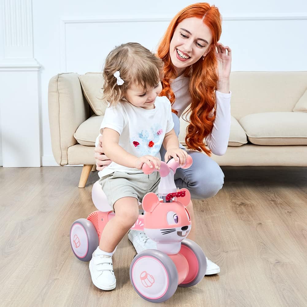 YGJT Baby Balance Bike for 1 + Year Old Boy and Girl, Indoor Outdoor Non-Pedal Baby Walker Toys for 10-36 Months Toddlers, Silent Wheels, 1st Birthday Gift, Kids First Bike Pink Mouse