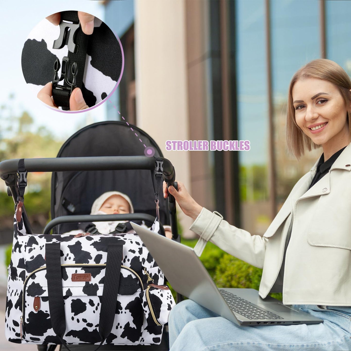 Tuwubi Diaper Bag Tote,Baby Diaper Bag with Pacifier Case Large Travel Diaper Tote Caddy for Mom and Dad Multifunction Large Baby Bag - Cow Print