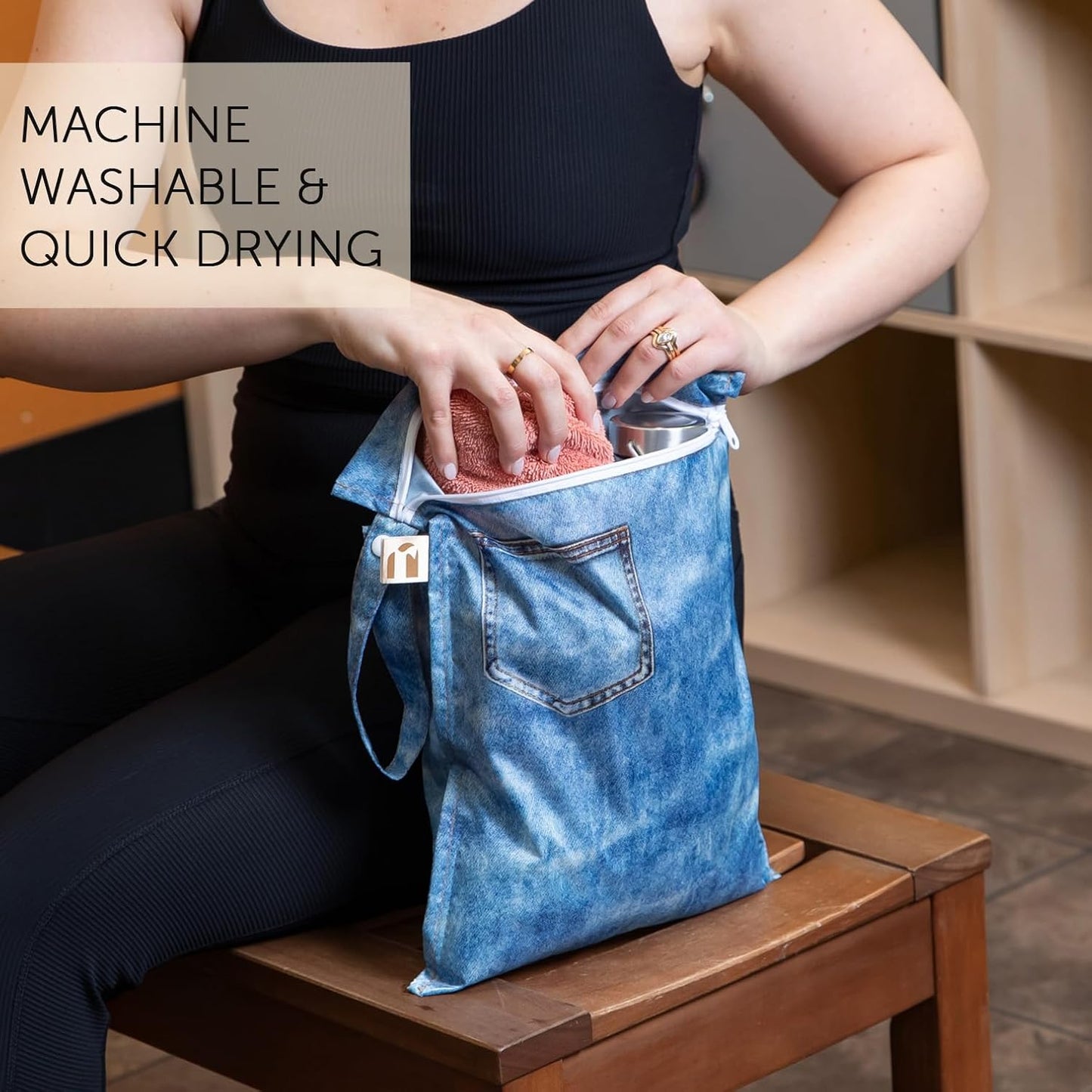 Bumkins Roamio - Waterproof Wet Bag - For Baby, Travel, Swim Suit, Cloth Diapers, Pump Parts, Pool, Gym, Toiletry, Strap to Stroller - Reusable & Easy to Clean - 2pk - Faux Pocket Patch Denim