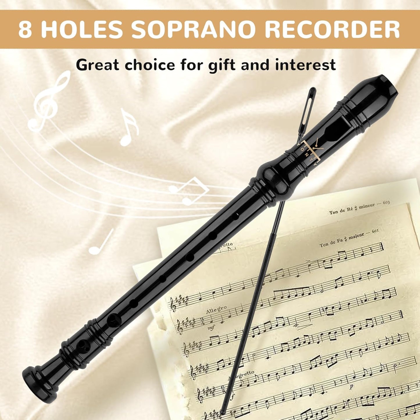 Soprano Recorder 8-Hole Instrument for Beginners Kids Students, Baroque Style C Key Flute with Cleaning Rod & acking Bag for Education & Entertainment-Obsidian