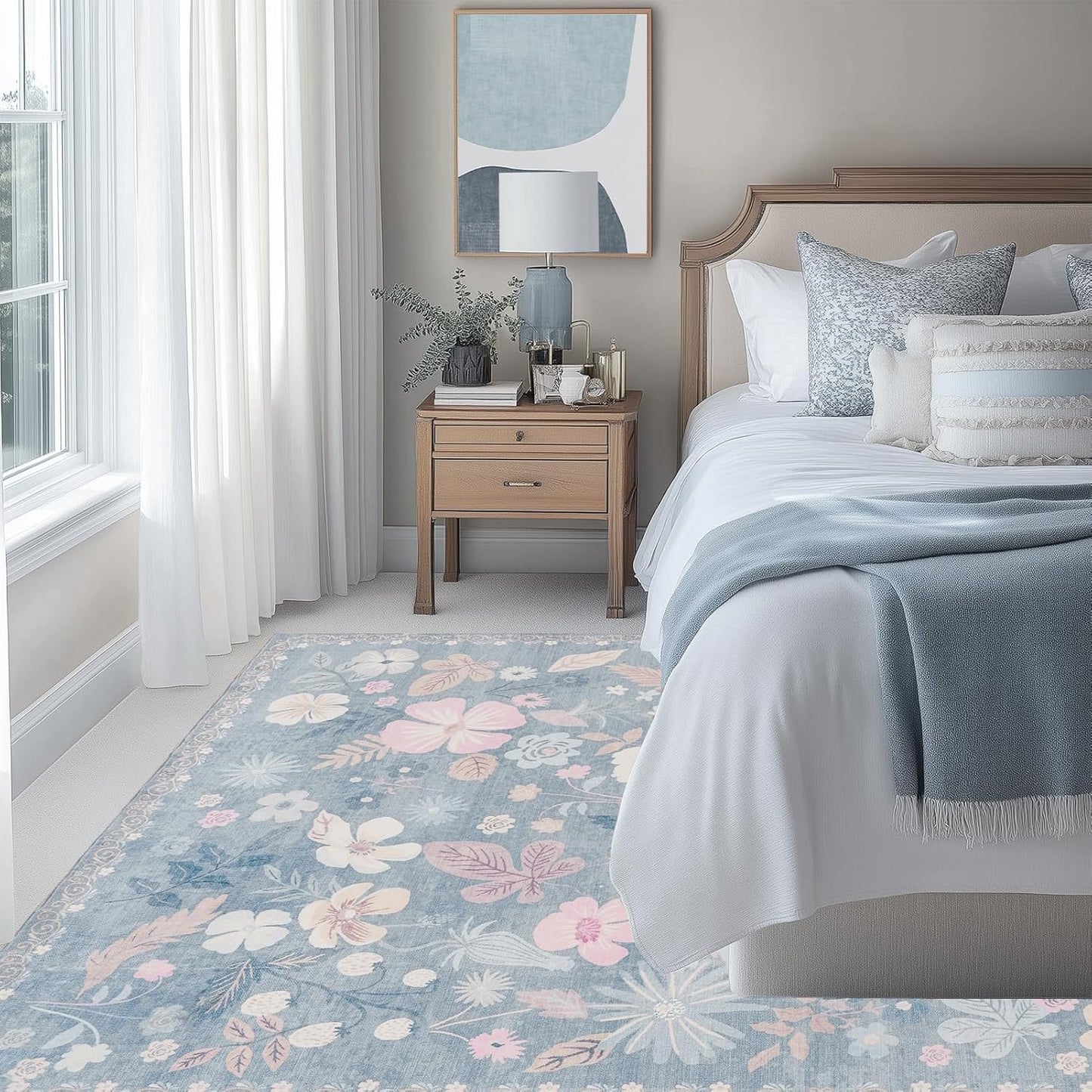 Blue 5x8 Area Rugs for Living Room Washable Soft Faux Fur Elegant Vintage Rugs Boho Floral Non Slip Stain Resistant Sound Absorbing Low Pile Carpet Rug for Bedroom Dining Room Nursery