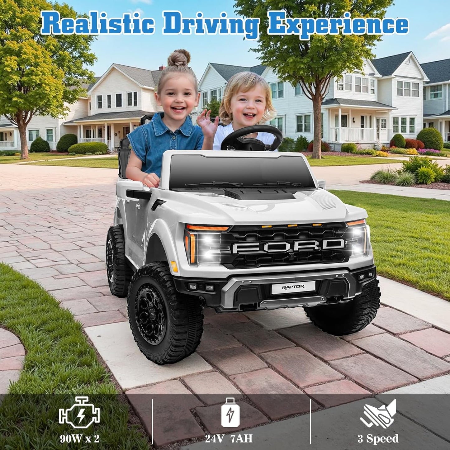 24V Ride on Car Licensed Ford F-150 Raptor, Kids Electric Car with Remote Control, LED Light/Music/MP3, Truck Bed Storage, 3-Point Seat Belt (24V, White)