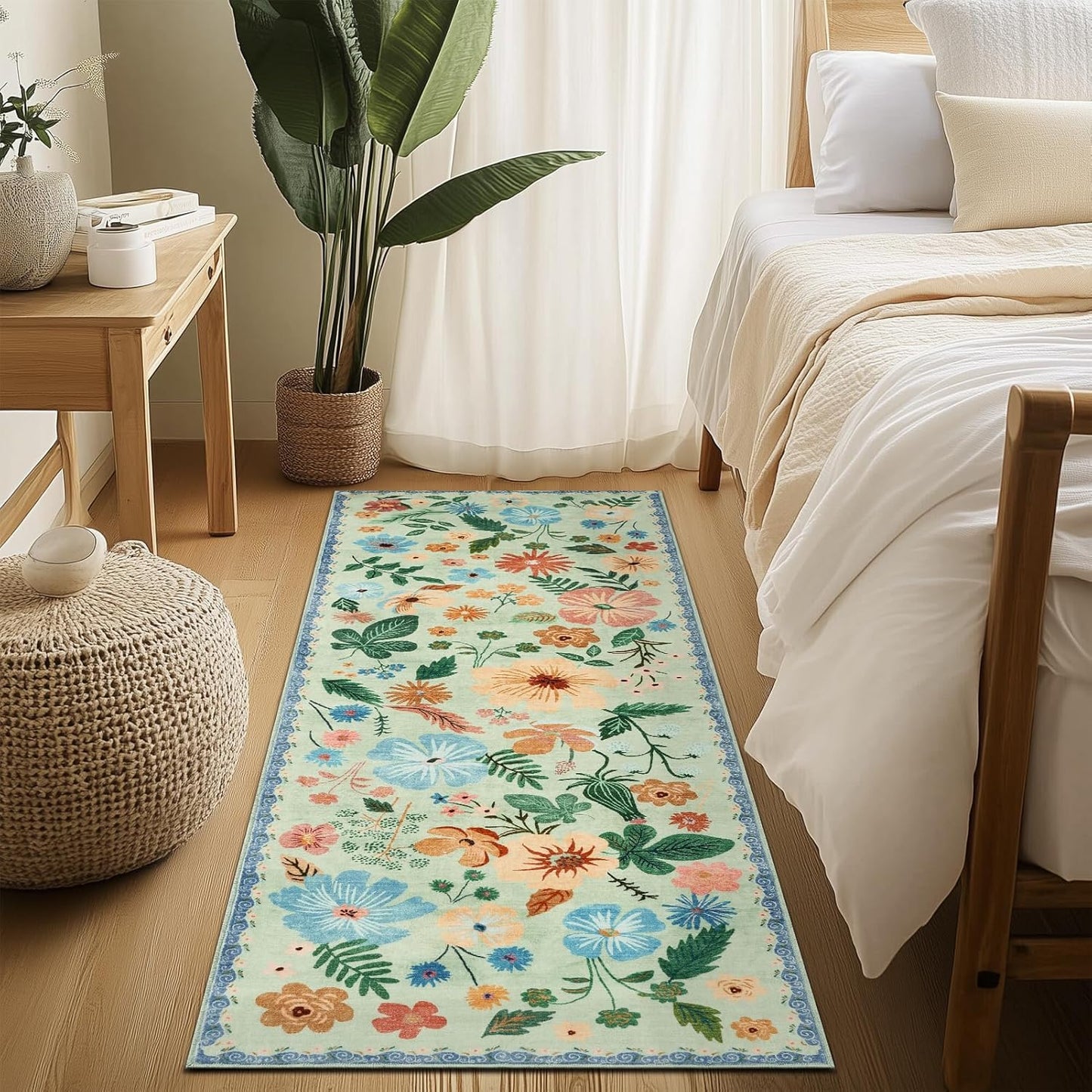 Washable Runner Rug 2x6 for Entryway Non Slip Stain Resistant Green Carpet Runners for Hallways 6ft Low Pile Faux Fur Vintage Floral Pattern Boho Spring Kitchen Rugs for Laundry Front Porch Bedroom