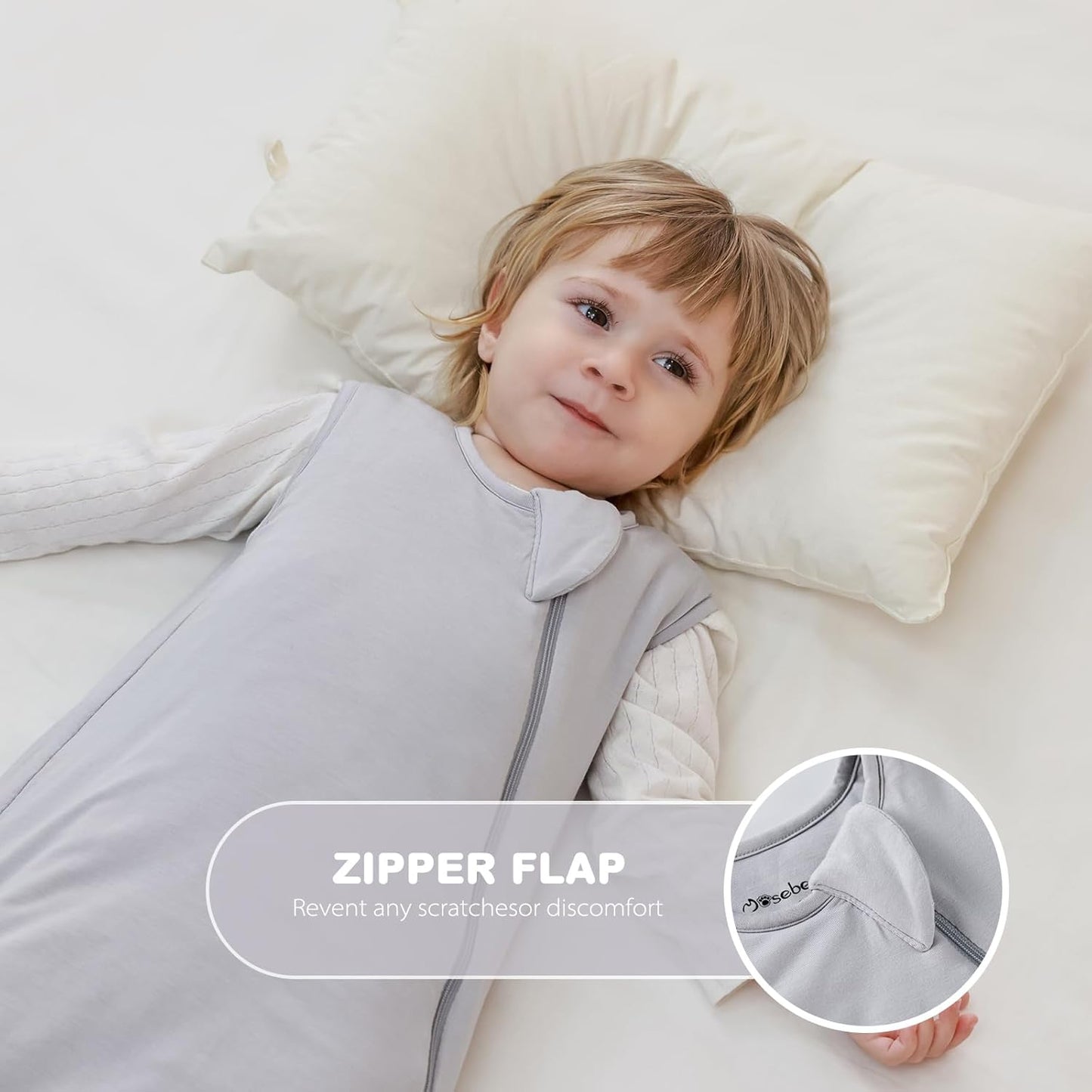 Mosebears Unisex Baby Sleep Sack 1.0 TOG, Supersoft Rayon Made from Bamboo Wearable Blanket with 2-Way Zipper (Light Grey,18-36 Months)