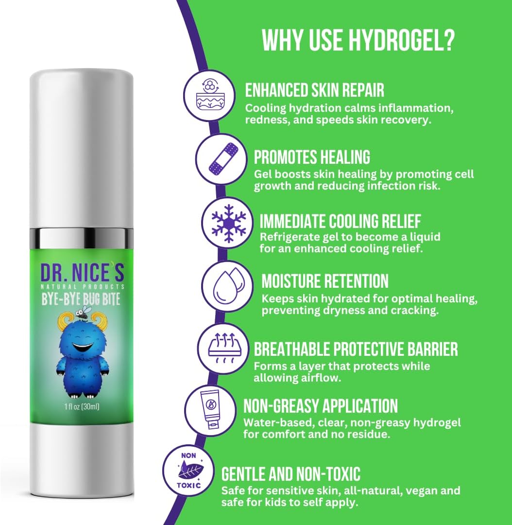 Dr. Nice’s Bye-Bye Bug Bite - Soothing Bug and Mosquito Bite Itch | All Natural | Kid Friendly Self Application | Hydrogel for Bites, Irritation, Skin Discomfort | Soothe Refresh Calm Cool (30 ML)
