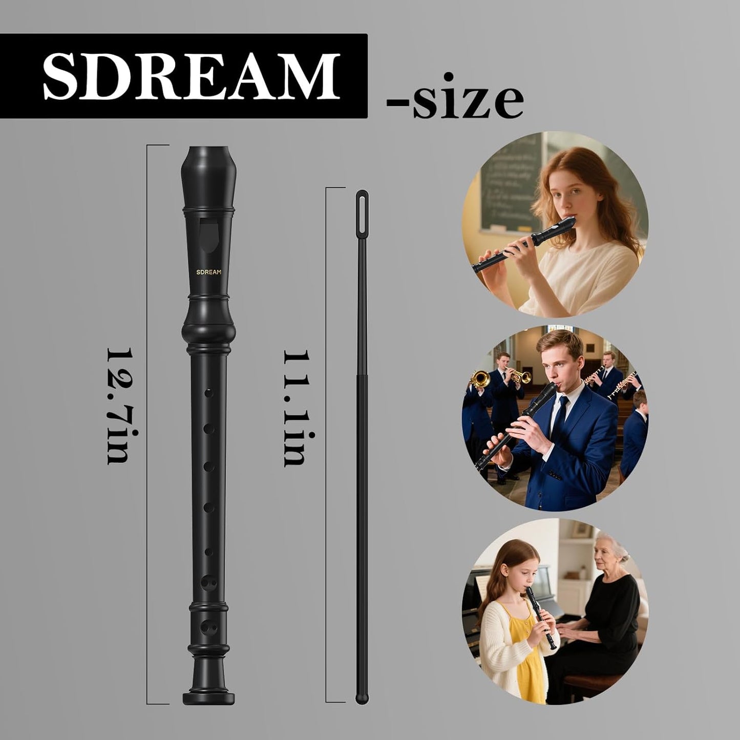 SDREAM Soprano Recorder Instrument for Kids Beginners&Student,8 Hole German Fingering Recorder Flute with Cleaning Rod & Leather Bag (Black)