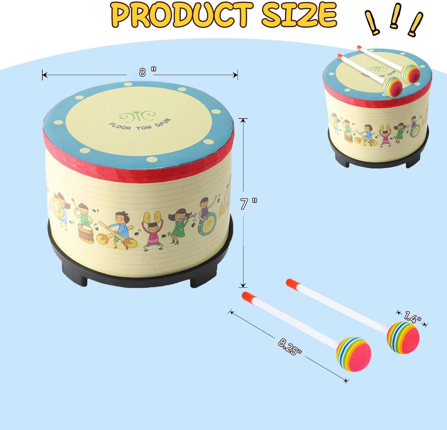 Floor Tom Drum 8 inch Gathering Club Carnival Colorful Percussion Instrument with 2 Mallets Music Drum for Child Special Christmas Birthday Gift (8 inch)