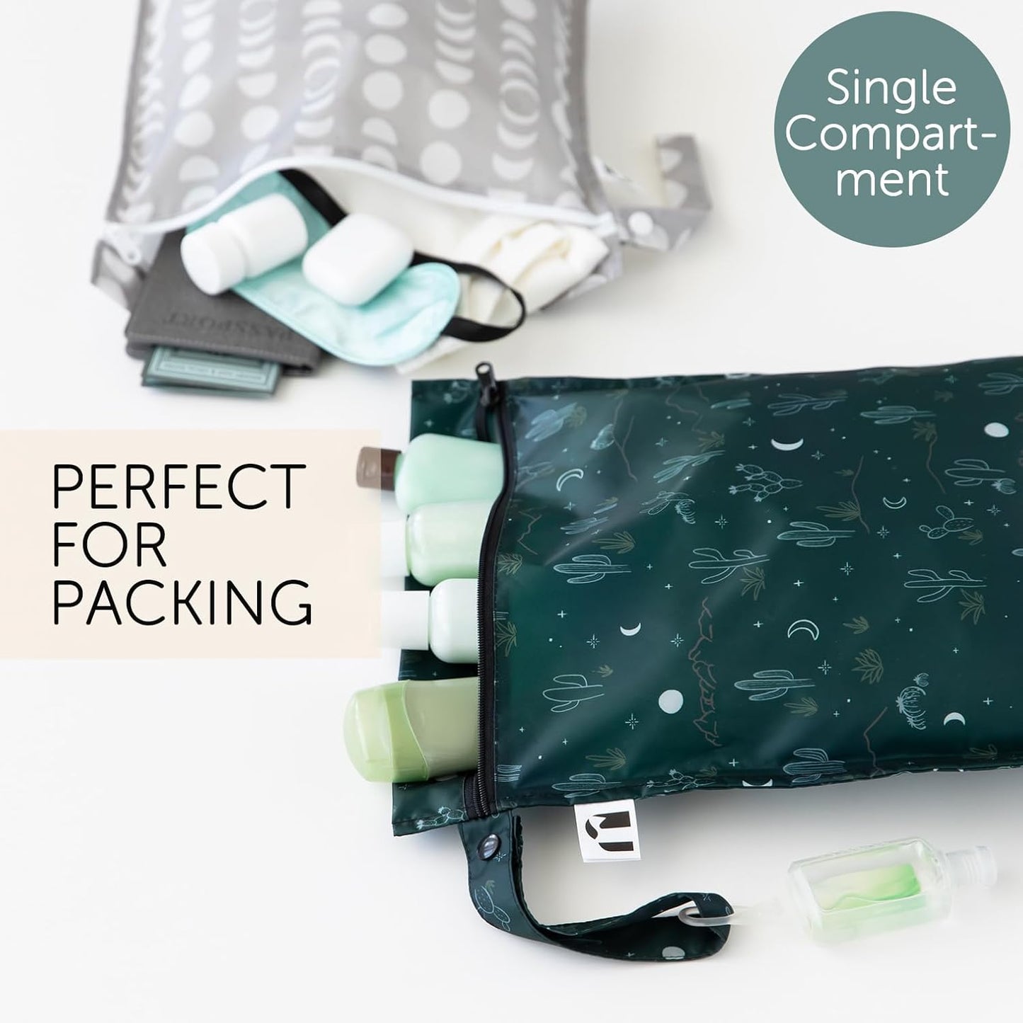 Bumkins Roamio - Waterproof Wet Bag - For Baby, Travel, Swim Suit, Cloth Diapers, Pump Parts, Pool, Gym, Toiletry, Strap to Stroller - Reusable & Easy to Clean - 2pk - Dk Green & Gray