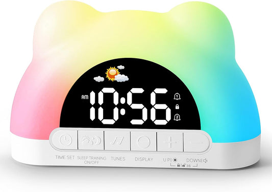 Hournor Kids Alarm Clock, Ok to Wake Alarm Clock for Kids, Toddlers Sleep Training Clock with 12 Colors Night Light for Bedroom, Sound Machine, Birthday Gift for Boys Girls Children(Adapter Include)