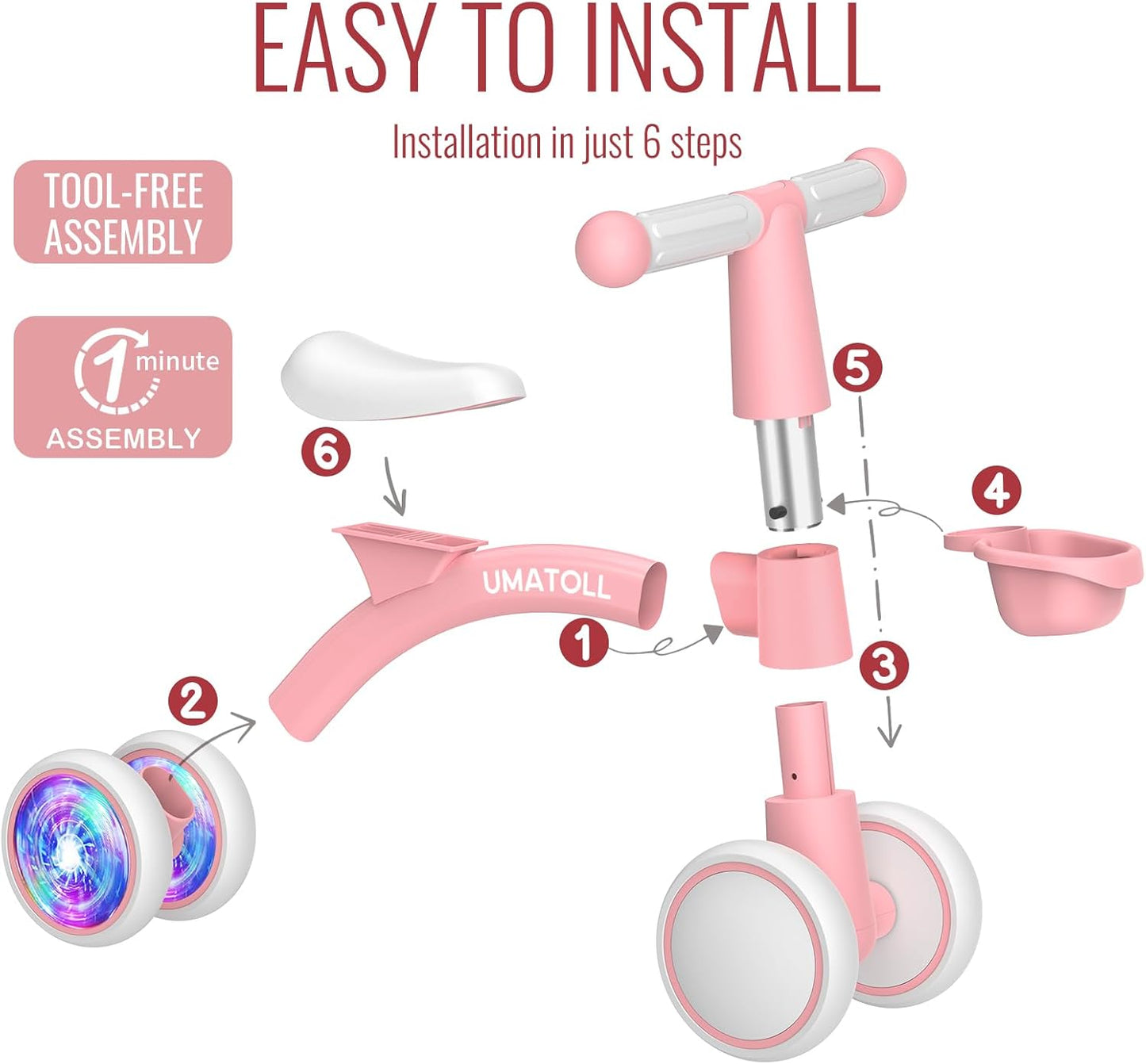 Umatoll Colorful Lighting Baby Balance Bike Toys for 1 Year Old Girls Gifts, Adjustable Seat, 1st Birthday Gifts, 12-24 Months Toddler Bike, Pink