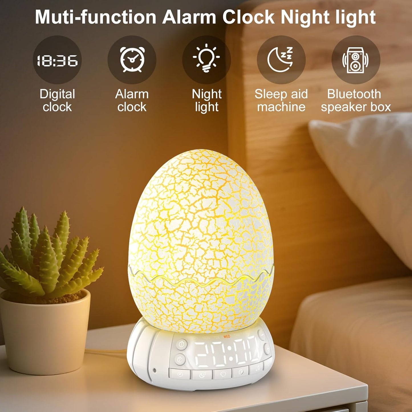 Dragon Egg Alarm Clock with Sunrise Simulation, Wireless Bluetooth Speaker, Portable Touch Control Dragon Egg Night Light, 20 Soothing Sounds, Unique Gift for Kids Adults, Home Desk Decor