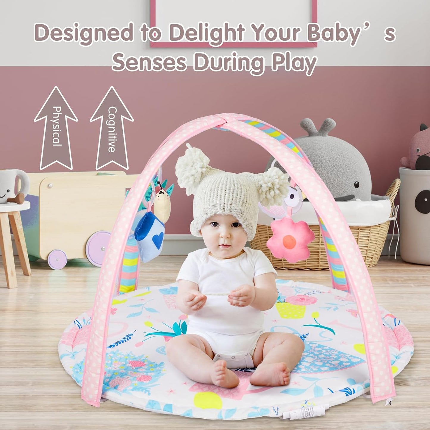 Activity Gym, Baby Play Gym Mat for Toddlers, 0-18 Months Tummy Time Play Mats, Infant Play Gym with Detachable Toys for Sensory Exploration and Motor Skill Development, PM2407