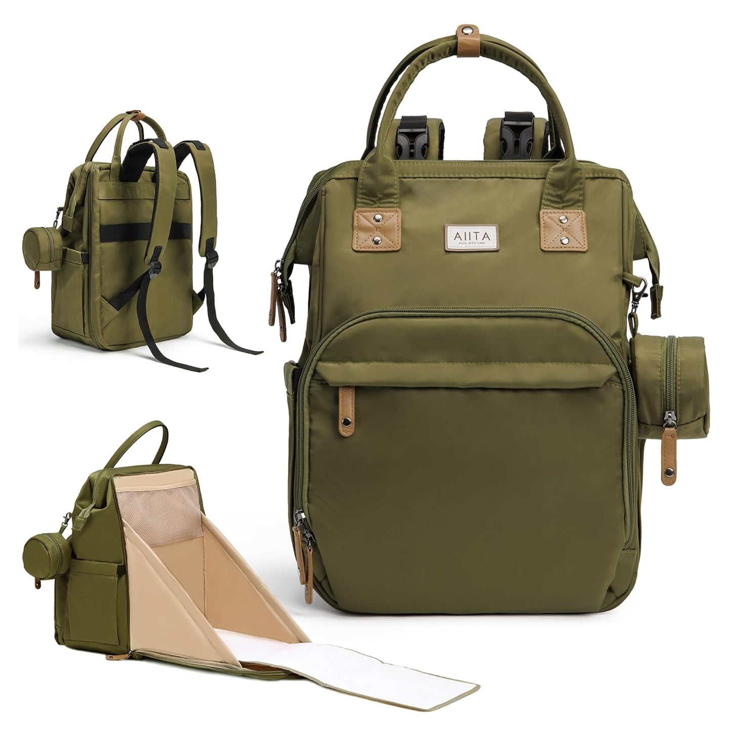 Diaper Bag Backpack, Multifunction Diaper Bag with Changing Pad, Baby Diaper Bags for Boys Girls, Stylish Large Capacity Travel Backpack for Moms Dads, Baby Shower Gifts,Unisex – Olive Green