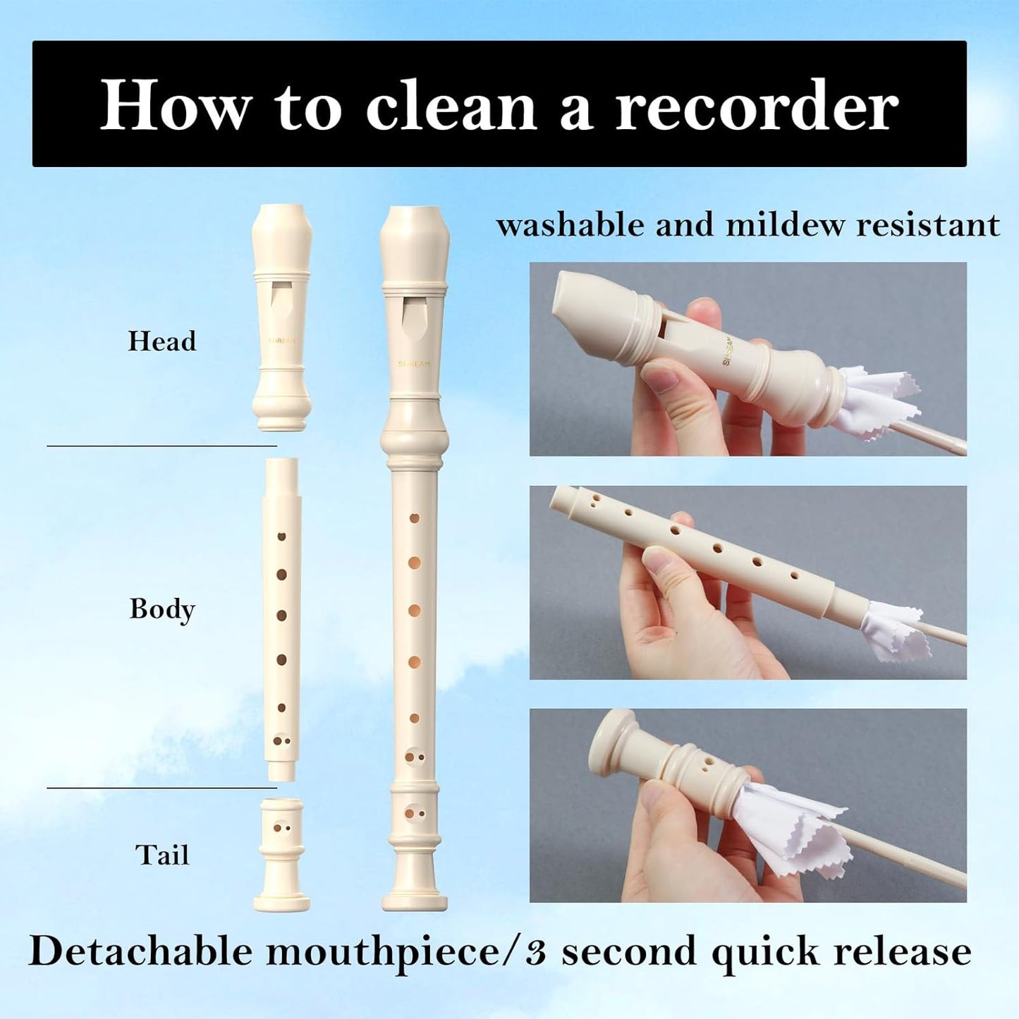 SDREAM Soprano Recorder Instrument for Kids Beginners&Student,8 Hole German Fingering Recorder Flute with Cleaning Rod & Leather Bag (White)