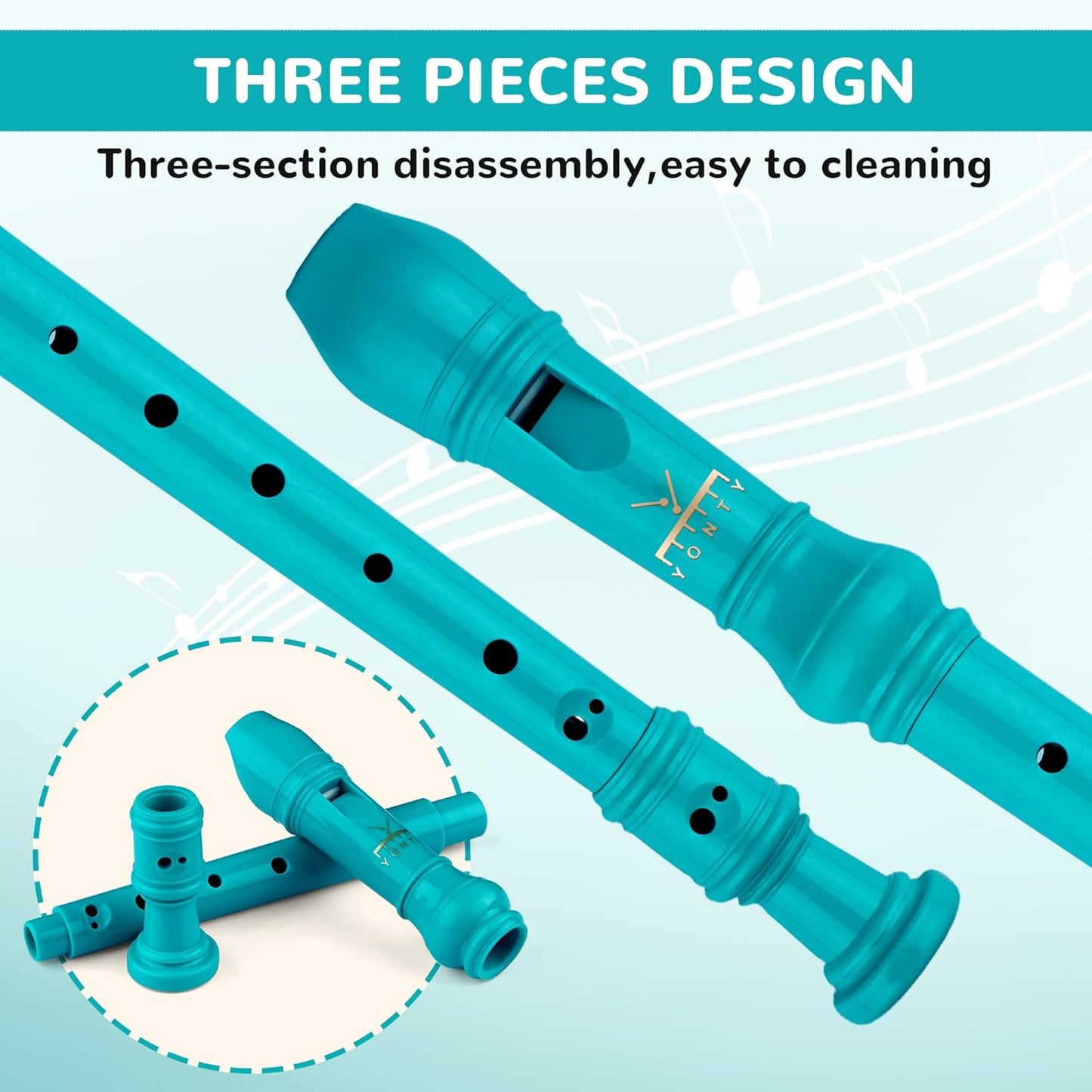 Soprano Recorder 8-Hole Instrument for Beginners Kids Students, Baroque Style C Key Flute with Cleaning Rod & acking Bag for Education & Entertainment - Cyan