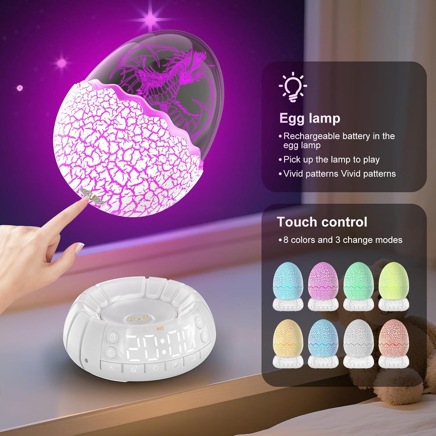 Dragon Egg Alarm Clock with Sunrise Simulation, Wireless Bluetooth Speaker, Portable Touch Control Dragon Egg Night Light, 20 Soothing Sounds, Unique Gift for Kids Adults, Home Desk Decor