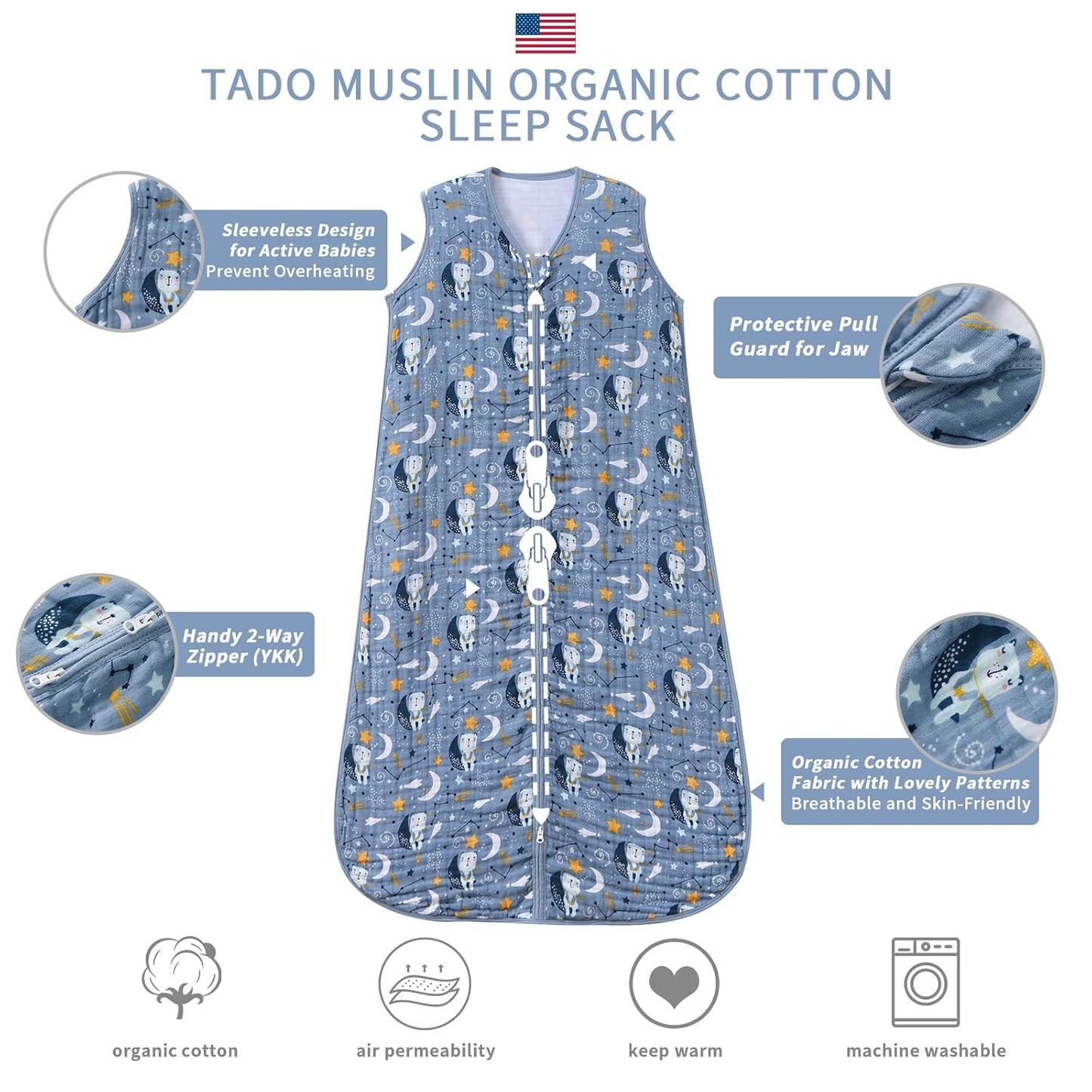 Baby Sleep Sack 2-4 T Boys & Girls Wearable Blanket 100% Organic Cotton 0.5 TOG Toddler Sleeping Sack 2- Way Zipper X-Large Bear