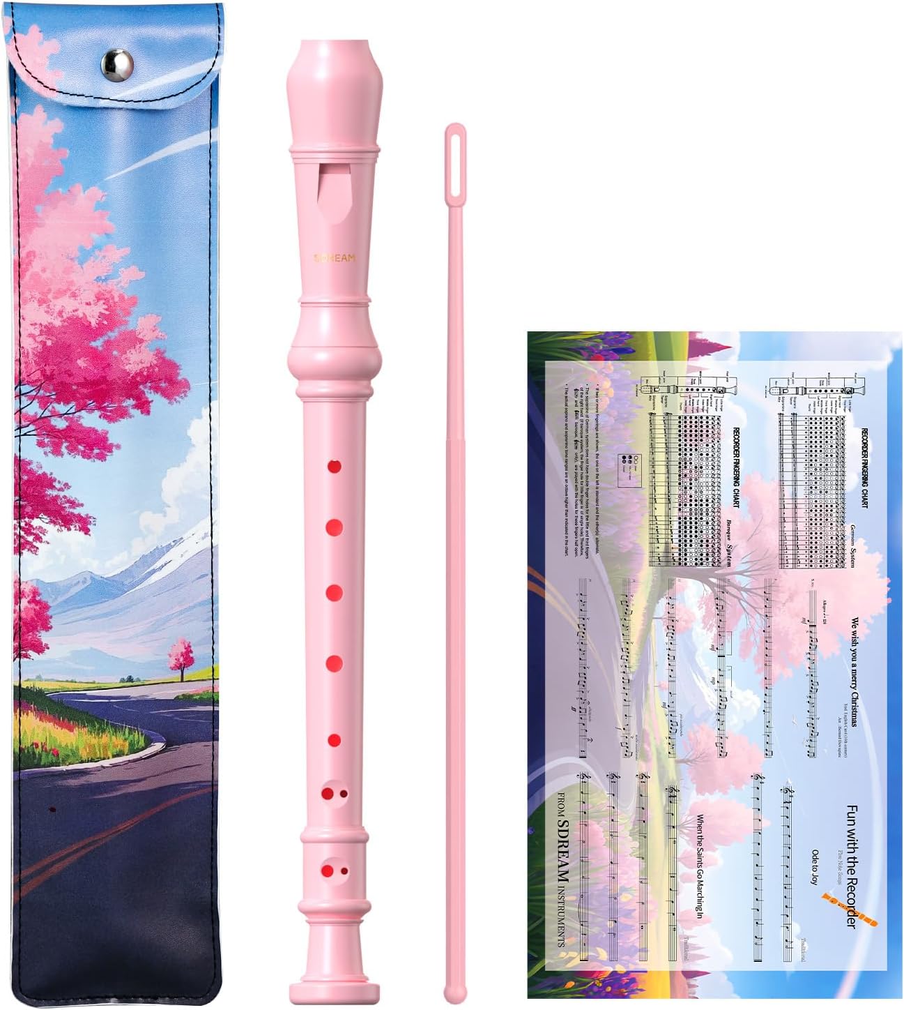 SDREAM Soprano Recorder Instrument for Kids and Adults - Beginner 8 Hole German Fingering Recorder Flute With Cleaning Rod, Packing Bag and Sheet Music (Pink)