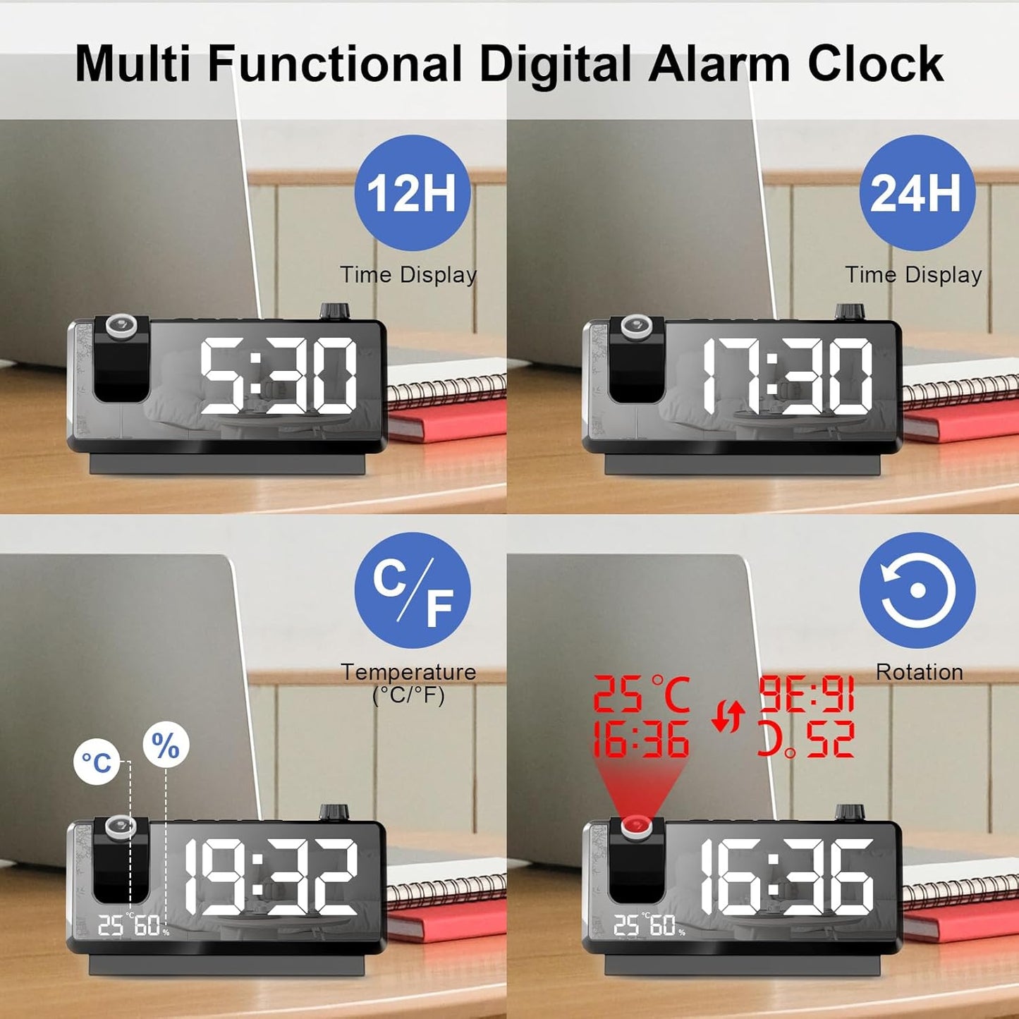 GuDoQi Projection Alarm Clock for Bedroom, Digital Clock with 180° Projector, 7" Large LED Display, Dual Alarms, Temperature&Humidity Display, Dual USB Port, 12/24H, Snooze, for Heavy Sleepers, Black