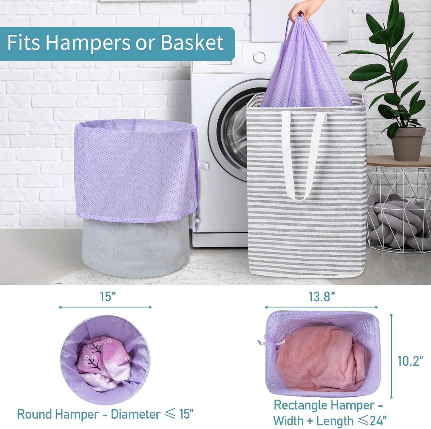 Polecasa Heavy Duty Large Mesh Laundry Bags with ID Tag and Locking Drawstring Closure - 2 Pack, 24 x 36 inches - Laundry Hamper Liner, Washable Laundry Bag for Travel, Sports, Dorms (Purple)