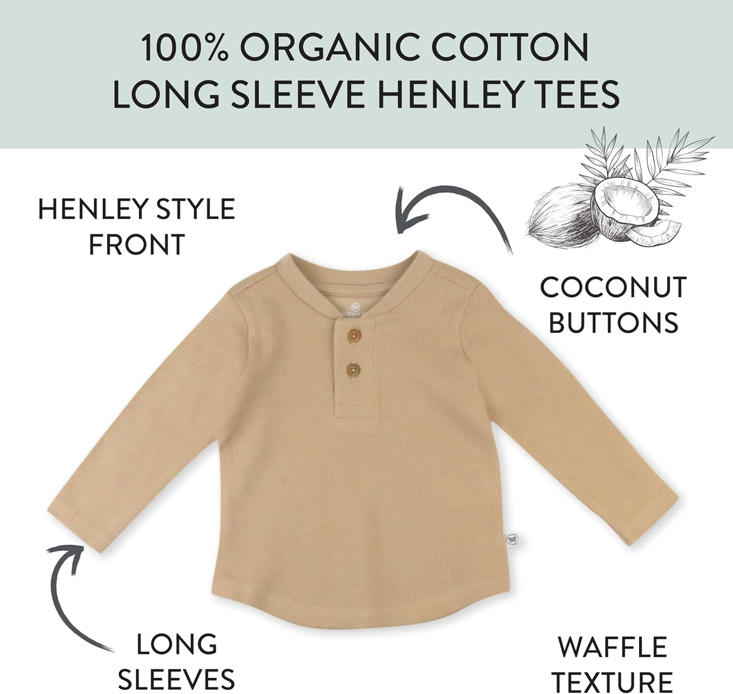 HonestBaby 5-pack Waffle Henley Long Sleeve Shirts 100% Organic Cotton for Infant Baby and Toddler Boys, Unisex