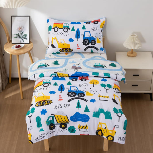 NTBED 4 Pieces Construction Toddler Bedding Set for Baby Boys,Tree Truck Vehicles Excavator Cars Printed, Includes Comforter, Flat Sheet, Fitted Sheet and Pillowcase,Blue