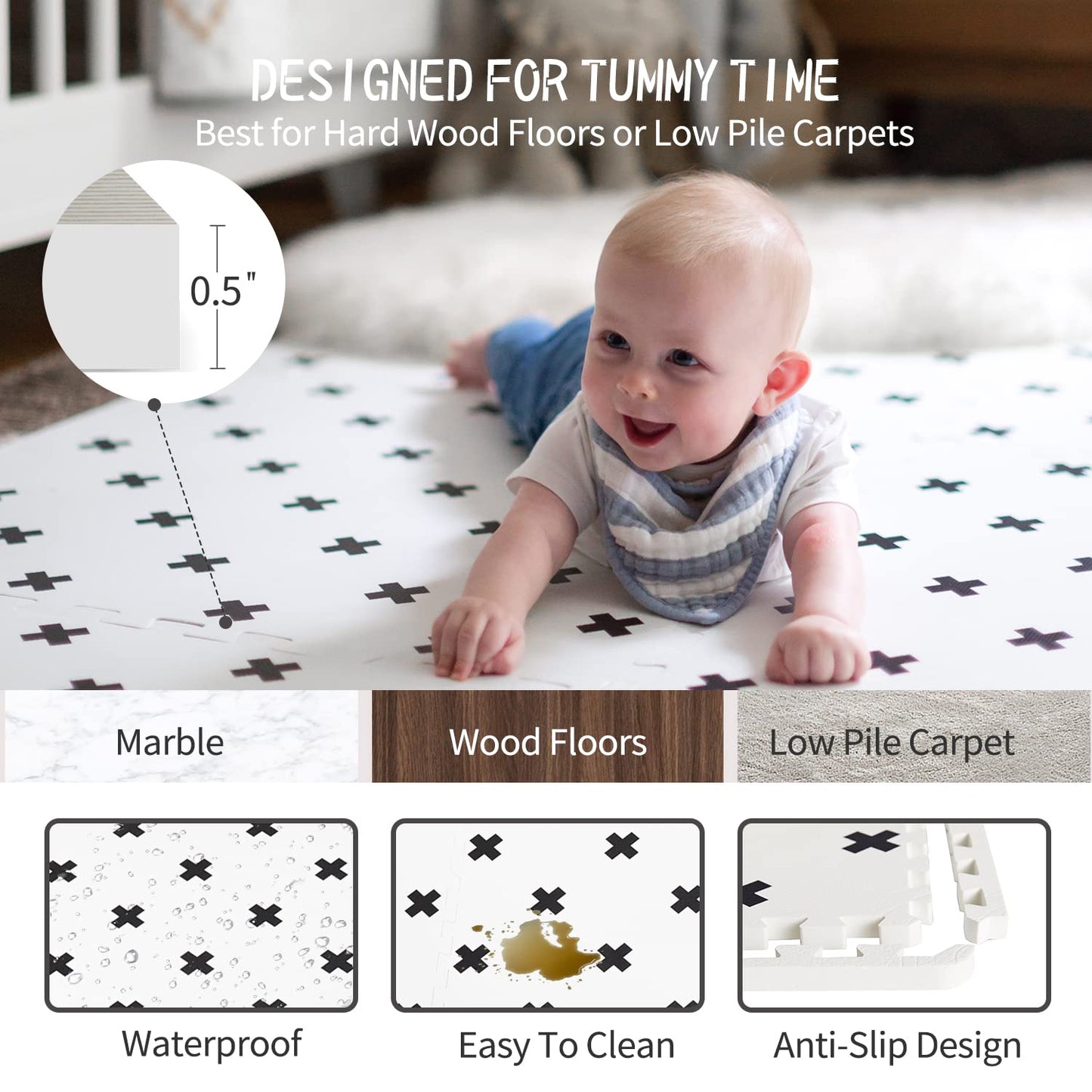 Yay Mats Stylish Extra Large Baby Play Mat. Soft, Thick, Non-Toxic Foam Covers 6 ft x 4 ft. Expandable Tiles with Edges Infants and Kids Playmat Tummy Time Mat (Brooklyn Cross White)