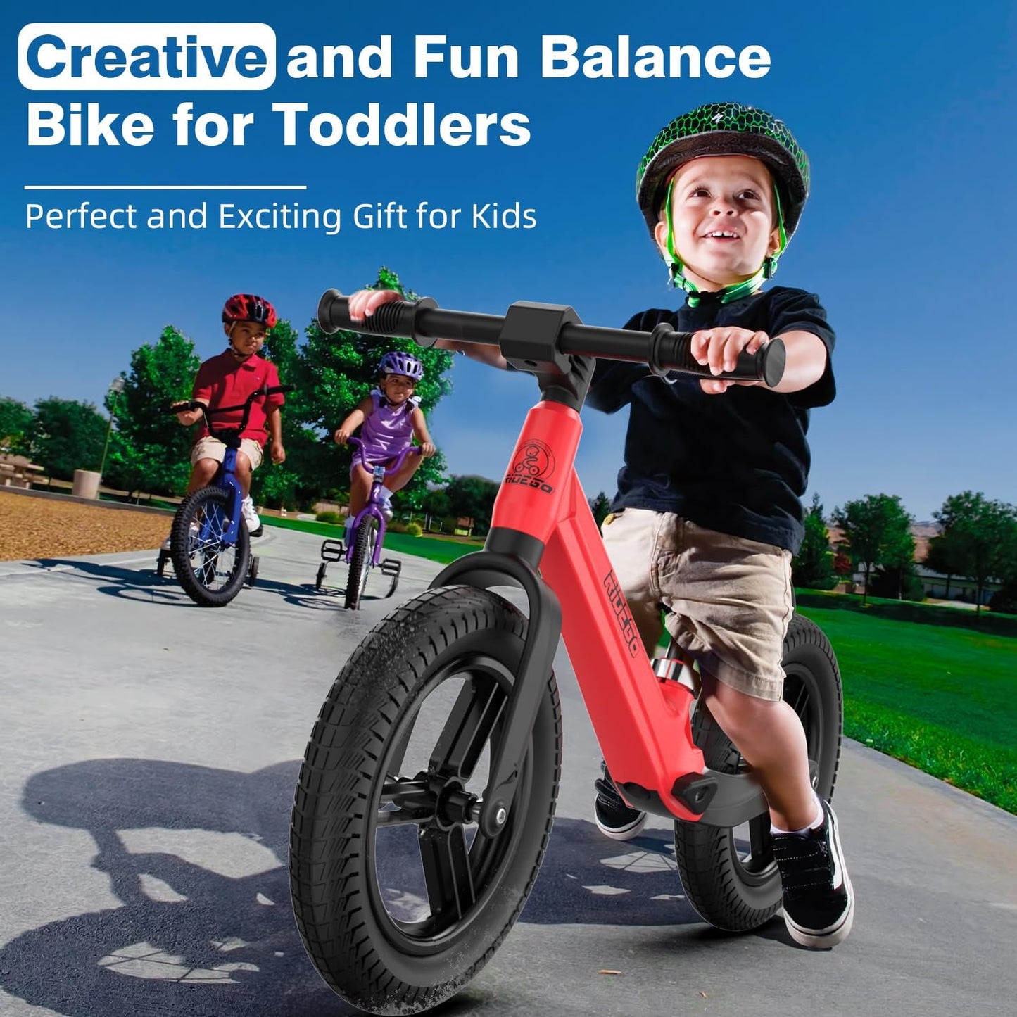 Ridego 12 or 14 Inch Balance Bike for Kids 2-6 Year Old,Lightweight Kids Bike with Adjustable Seat, Push Bicycle with Air Rubber Tires，Ride-on Toys Birthday Gift