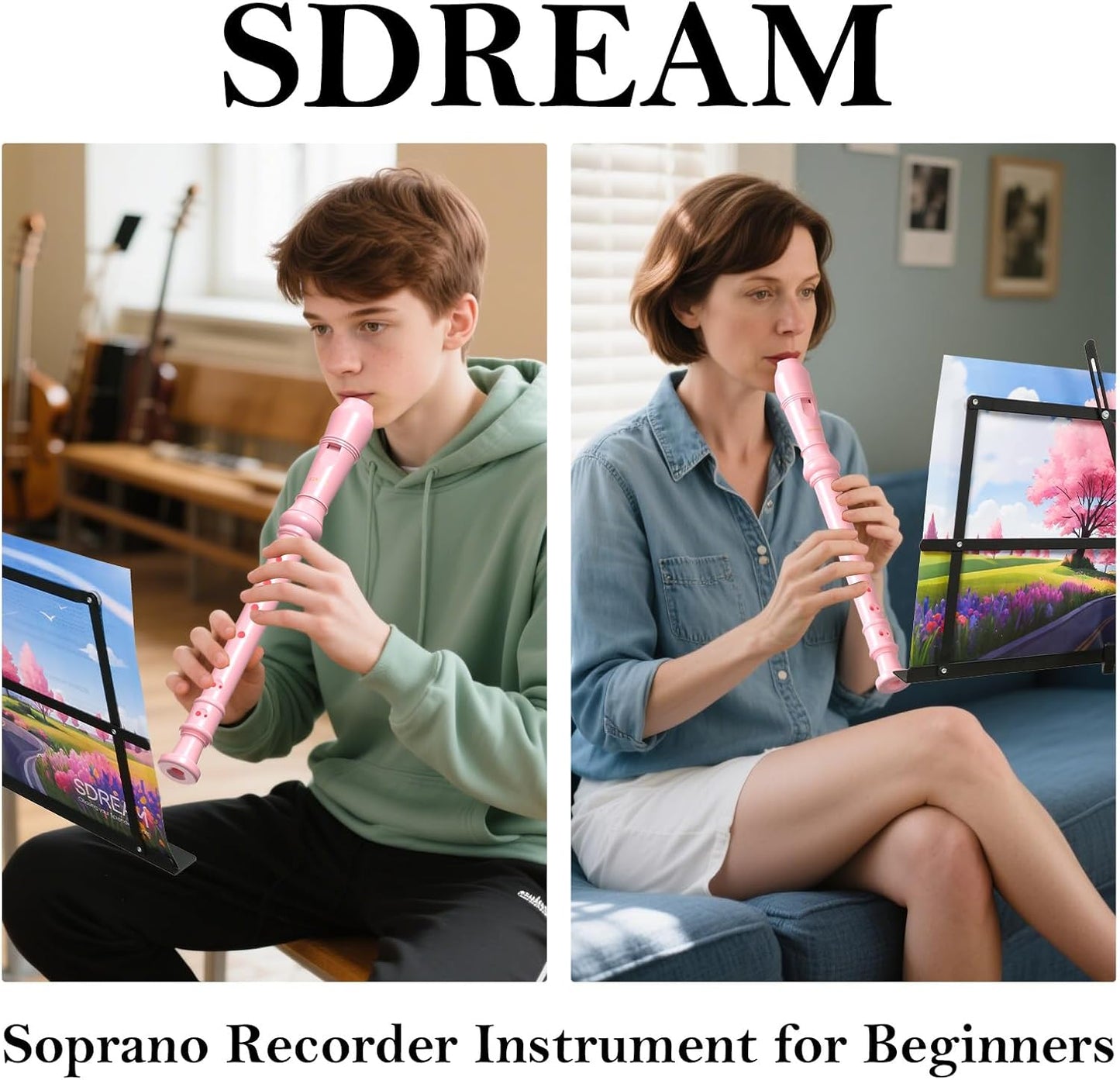 SDREAM Soprano Recorder Instrument for Kids and Adults - Beginner 8 Hole German Fingering Recorder Flute With Cleaning Rod, Packing Bag and Sheet Music (Pink)
