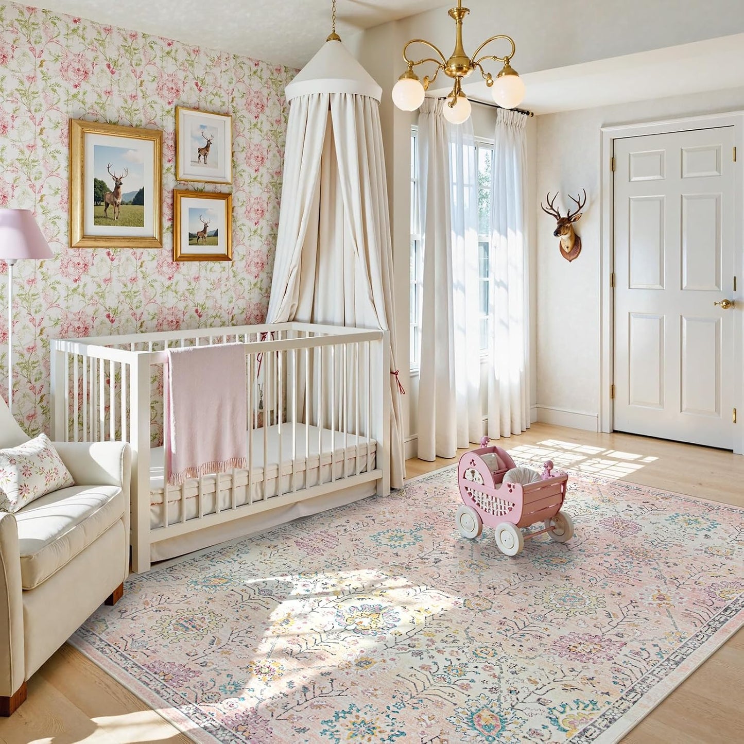 Lahome Light Pink Boho Rug, 6x9 Washable Rugs for Bedroom Girls, Soft Floral Kids Carpet with Non-Slip Backing for Nursery Playroom Kids Room
