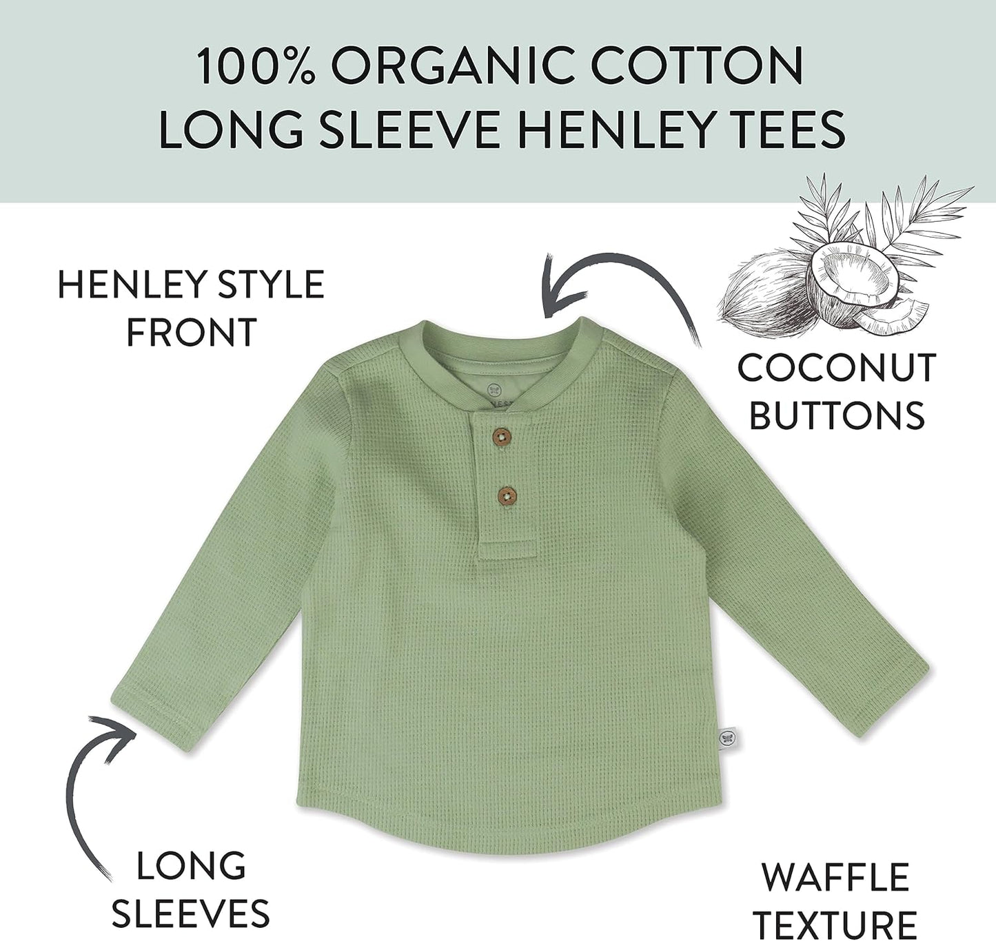 HonestBaby 5-pack Waffle Henley Long Sleeve Shirts 100% Organic Cotton for Infant Baby and Toddler Boys, Unisex