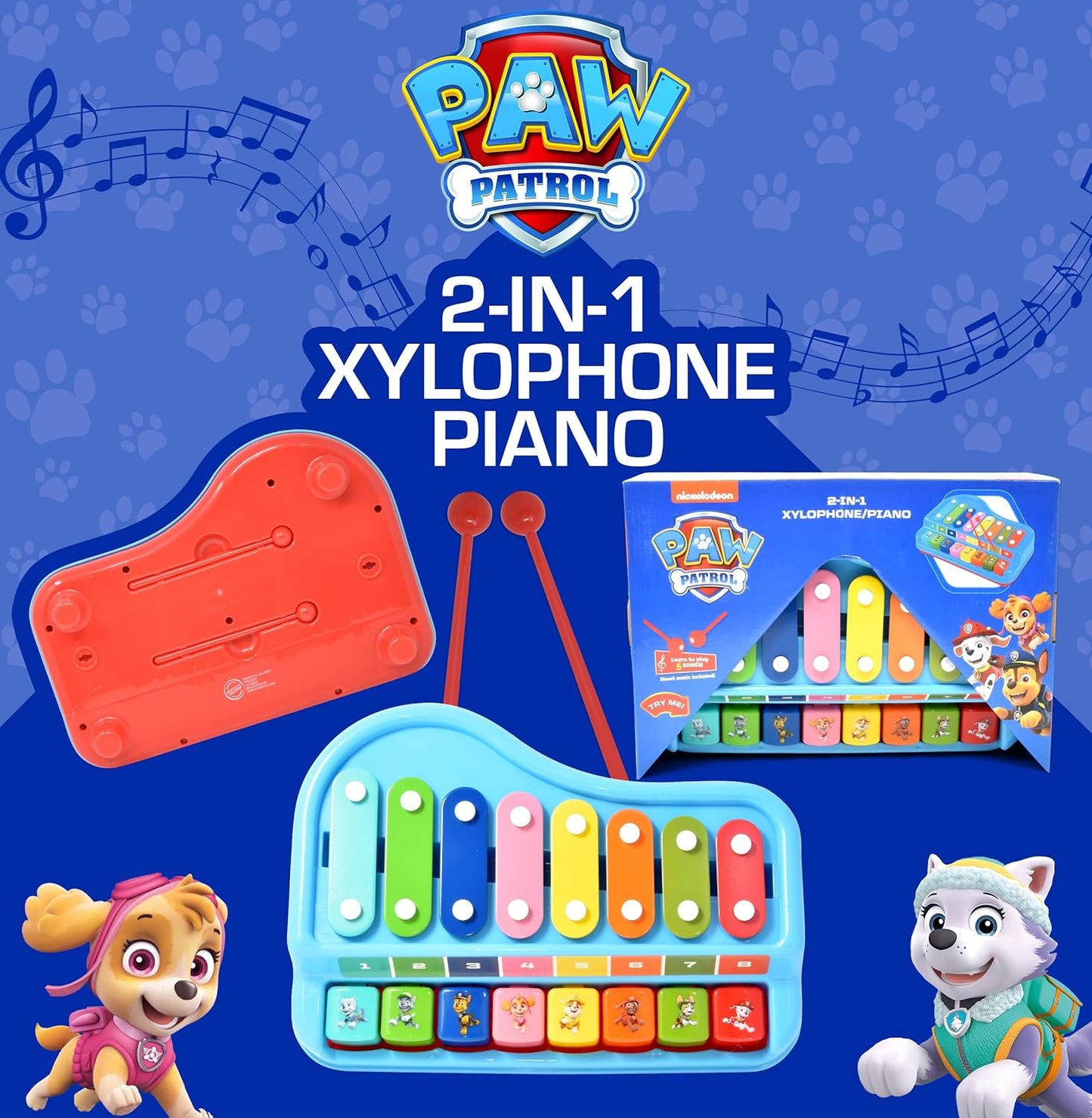 Paw Patrol 2 in 1 Baby Piano Xylophone Toy for Kids Toddlers Girls Boys Musical Instrument with Multicolored Keys Keyboard Sheet Music Two Mallets