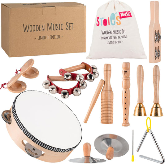 Stoie's Wooden Kids Musical Instruments for 3-9 Years Old, with Drum, Flute, Hand Bells, Cymbals, Castanets, Triangle, for Babies and Toddlers, Durable, Safe, Montessori Educational Toy, Storage Bag