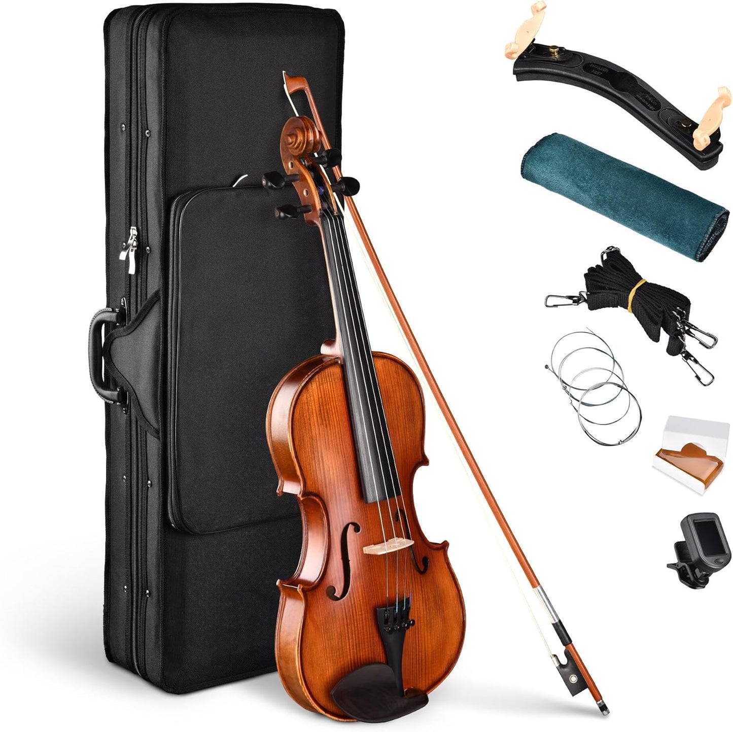 AW Solid Wood Violin 4/4 Full Set with Case & Bow Rosin Shoulder Rest Fiddle Matte Stradivari Copy Style for Beginner Student Adults Starter Kit