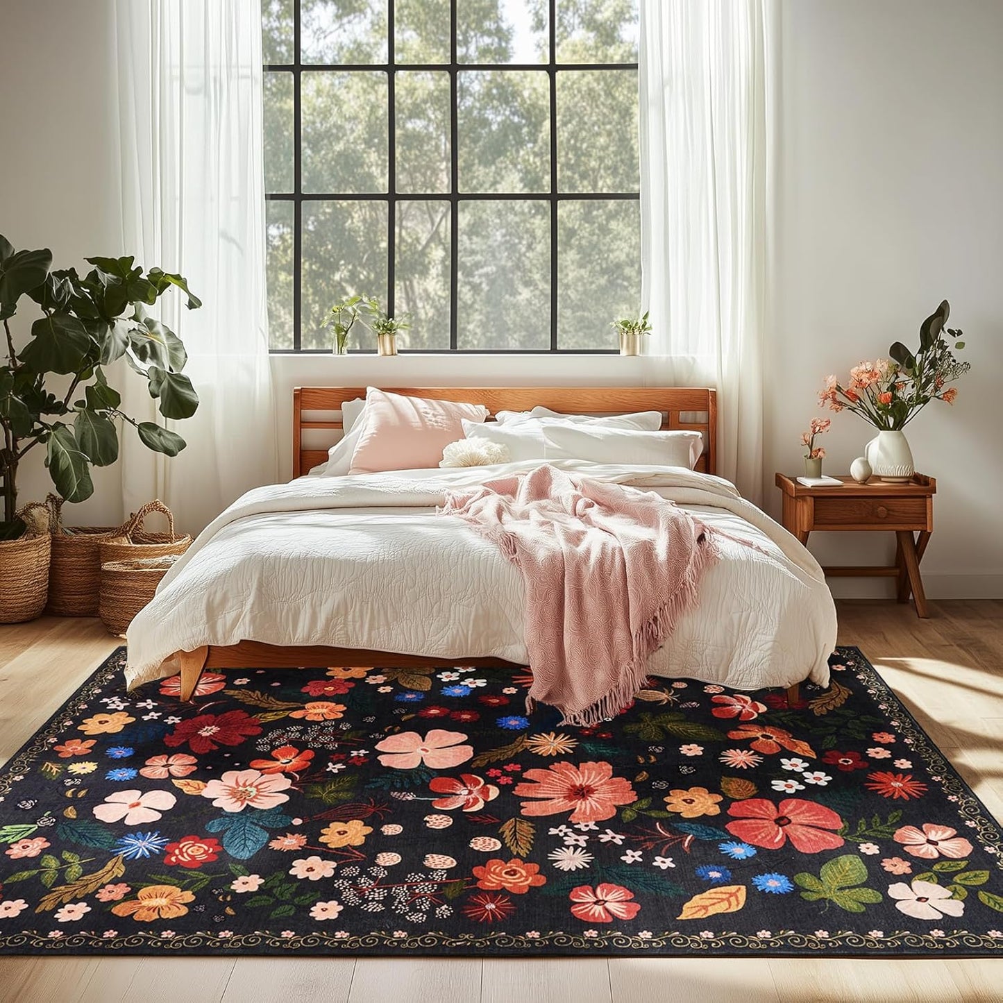 Black Area Rug 5x7 for Bedroom Washable Boho Farmhouse Floral Rugs for Living Room Vintage Aesthetic Stain Resistant Non-Slip Soft Low Pile Thin Floor Carpet for Living Room Dining Room Nursery