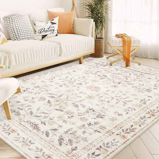 Rugs for Living Room 6x9 Rug, Washable Floral Boho Area Rug Non Slip Soft Low Pile Large Rugs for Bedroom Girls, Dining Room, Office, Kids Playroom(6'x9', Floral Beige)