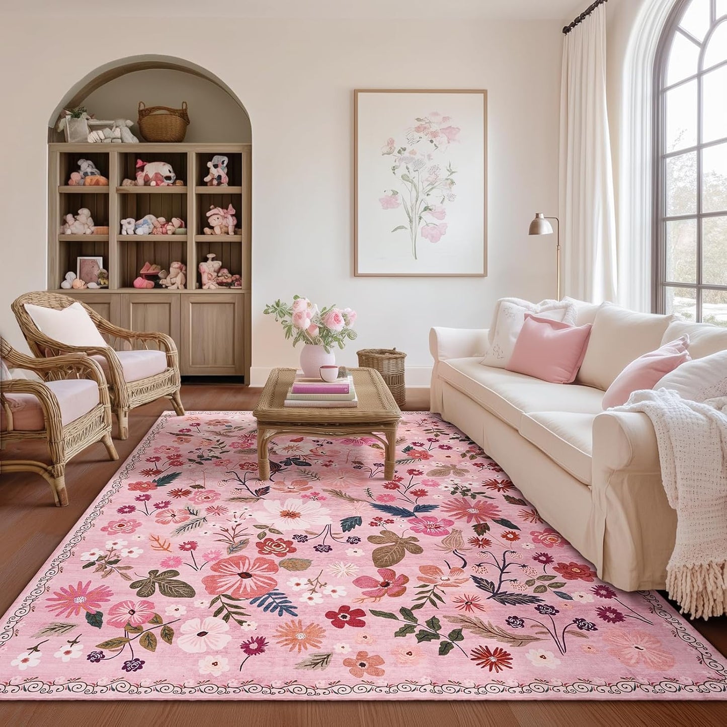 Nursery Rug 8x10 Pink Floral Rugs Boho Washable Retro Aesthetic Low Pile Non Slip Stain Resistant Large Area Rug for Girls Bedroom Living Room Dining Room Kids Playroom College Dorm Carpet