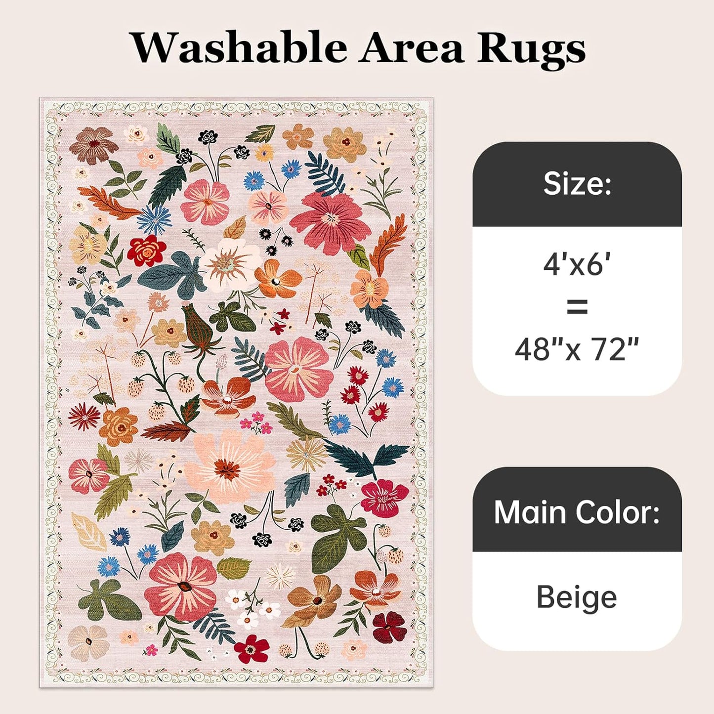 Area Rugs 4x6 for Living Room Machine Washable Non Slip Sound Absorbing Soft Faux Fur Low Pile Carpet Rugs Beige Boho Floral Rug for Living Room Bedroom Kids Room College Dorm Dining Room