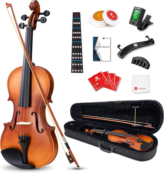 Vangoa 3/4 Violin Beginner Acoustic Violin Fiddle Three Quarters Starter Set for Students with Violin Case, Rosin, Shoulder Rest, Tuner, Strings, Violin Bow, Fingerboard Sticker, Mute, Natural