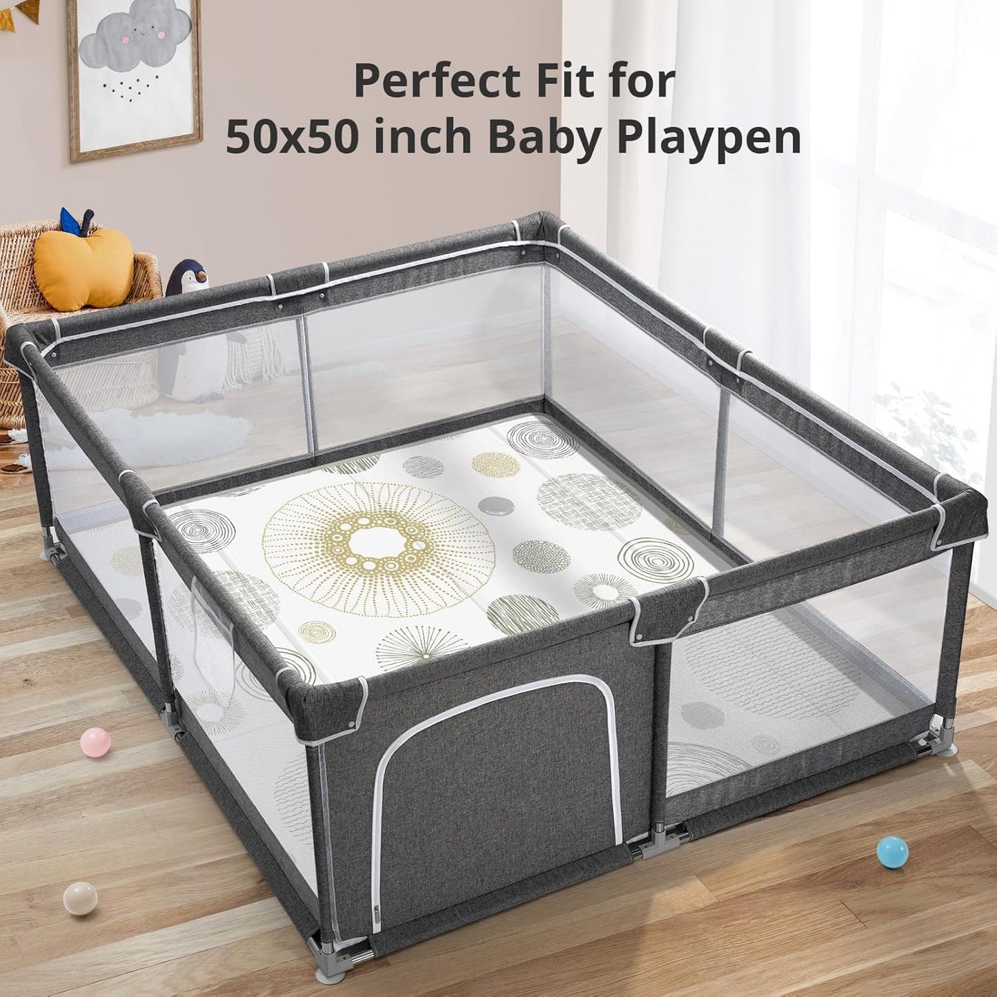 Foldable Baby Play Mat, PIGLOG 50X50 Waterproof Playpen Mat for Babies and Toddlers Kids, Safe Foam Playmat for Tummy Time, Reversible Playmats, Portable Baby Floor Mat for Infant, Toddler, Circle