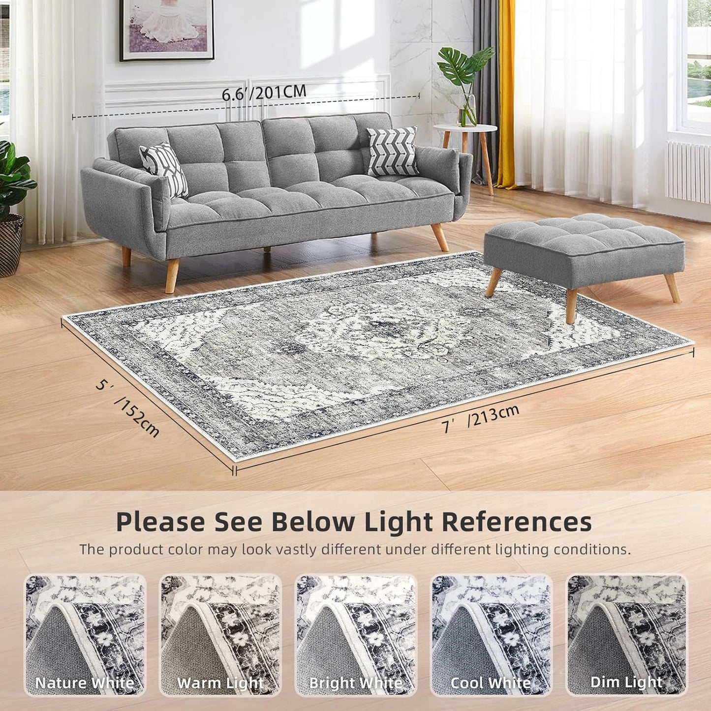 Deerly 5x7 Rug Washable Area Rugs for Living Room, Non Slip 5 x 7 Rug for Bedroom Dining Room, Low-Pile Kid & Pet Friendly Distressed Carpet Print Floor Rug Border Grey/Navy