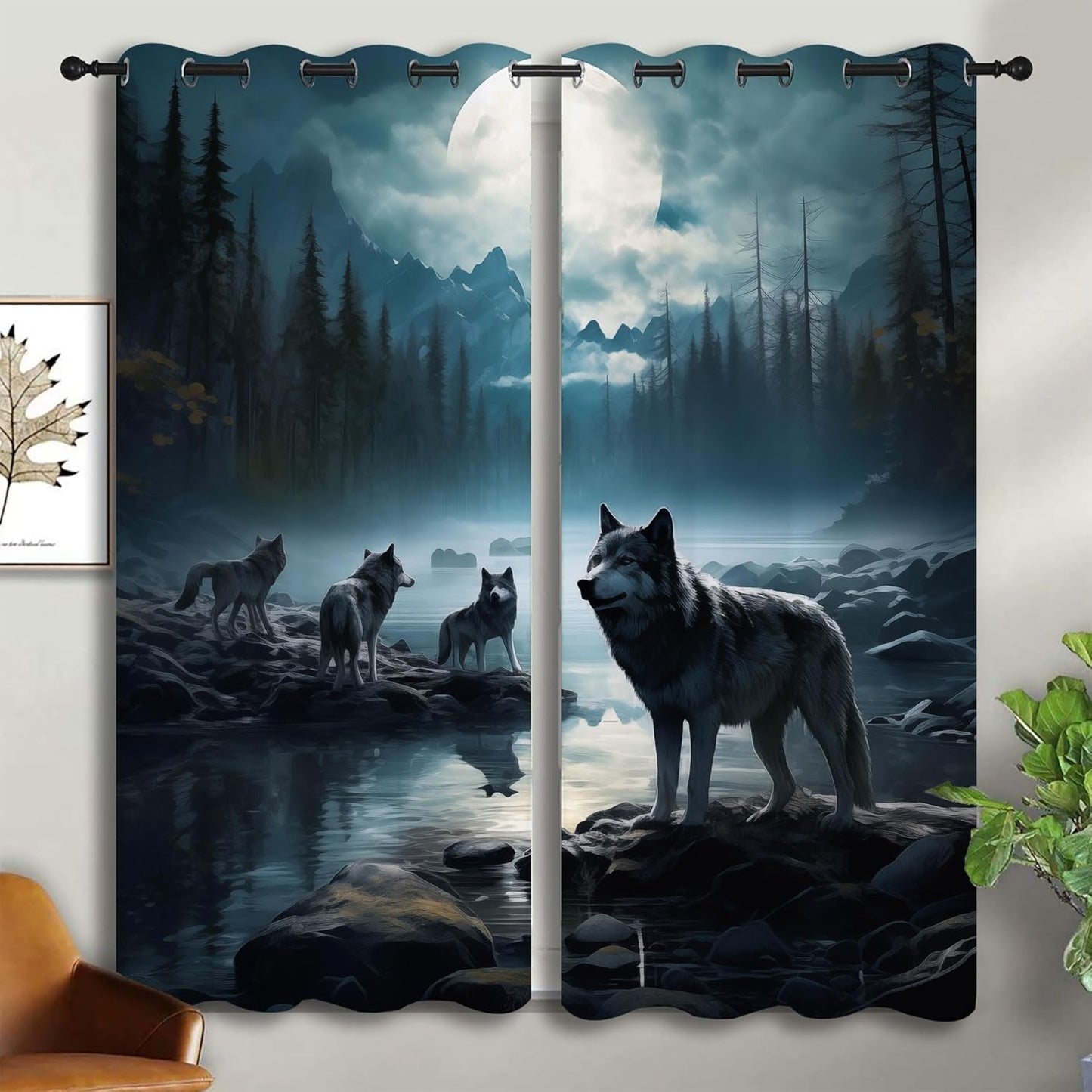 Wolf Blackout Curtains for Boys Girl Bedroom Decor,Dreamy Forest Full Moon Wolf Pack Thermal Insulated Grommet Drapes Darkening Window Curtain for Living Room Home 42x45 inch