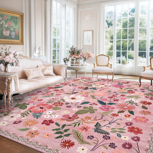9X12 Rose Pink Rugs for Girls Bedroom Washable Floral Boho Aesthetic Carpet Rug Stain Resistant French Country Vintage Larege Area Rug for Living Room Dining Room College Dorm Kids Playroom Nursery