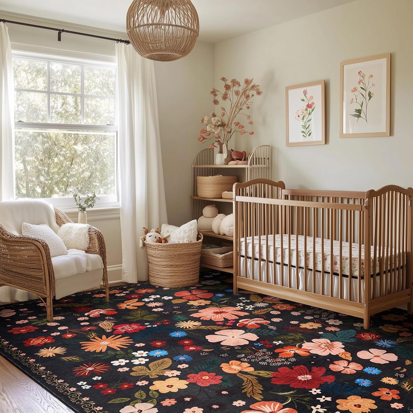 6x9 Living Room Rug Machine Washable Soft Faux Fur Low Pile Vintage Floral Modern Carpet Rugs Boho Non Slip Sound Absorbing Big Area Rugs for Bedroom Office Patio Dining Room Nursery Kids Room,Black