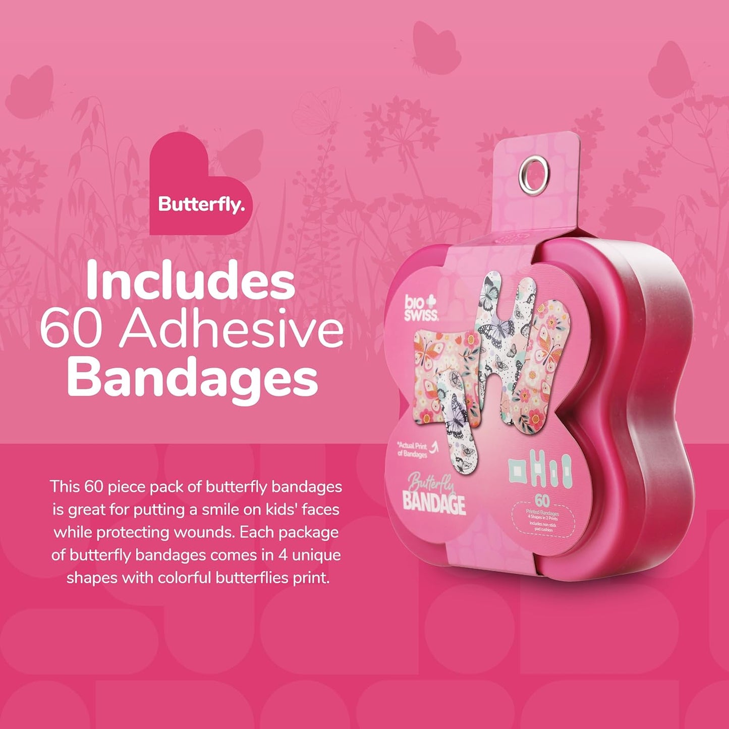 BioSwiss Bandages, Assorted Size Butterfly Print Self Adhesive Bandage, Latex Free Sterile Wound Care, First Aid Kit Supplies for Kids and Adults, 60 Count