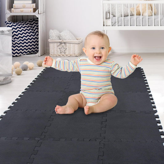 XMTMMD Soft Non-Toxic Foam Baby Play Mat | Toddler Playmat | EVA Foam Interlocking Tiles for Gym, Nursery, Playroom | 18 Squares Foam Floor Mats for Kids & Babies | Black Jigsaw Puzzle Play Mat