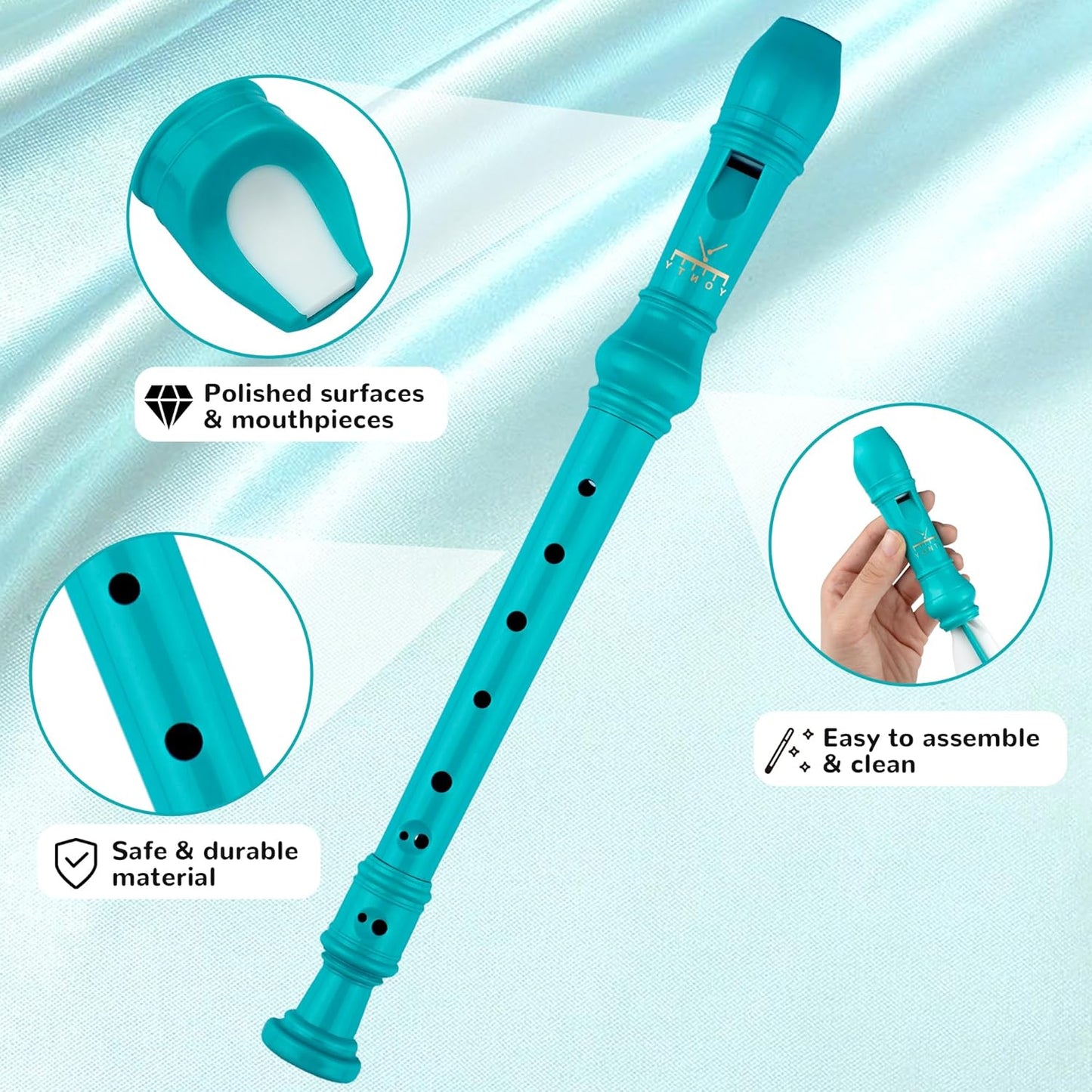 Soprano Recorder 8-Hole Instrument for Beginners Kids Students, Baroque Style C Key Flute with Cleaning Rod & acking Bag for Education & Entertainment - Cyan