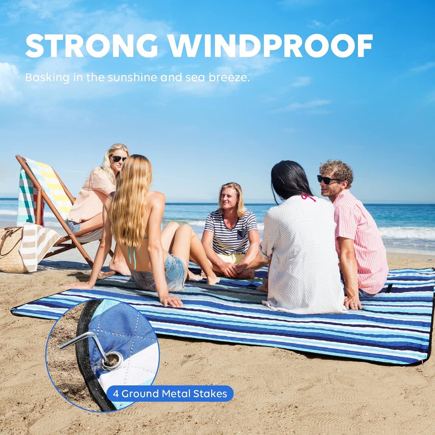 ZAZE Beach Blanket Picnic Blankets with Stakes, Thick 3-Layer 80*80 Oversized Waterproof Sandproof Compact Outdoor Mat, Big Extra Large Foldable Camping Park Vacation Travel Accessories(Blue Stripe)